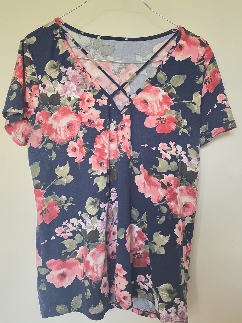 Navy Floral Crisscross V-Neck Short Sleeve Top